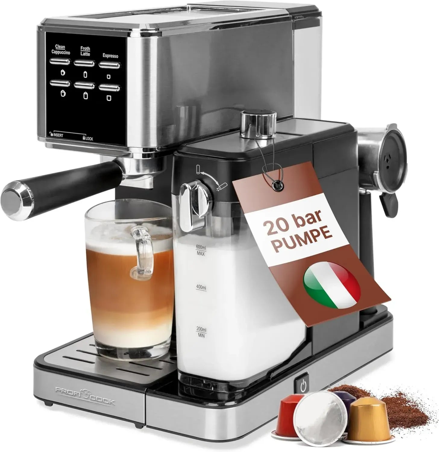 ProfiCook® 2in1 Espressomaschine für Pulverkaffee und Nespresso Kapseln, 20 bar, mit Milchsystem
