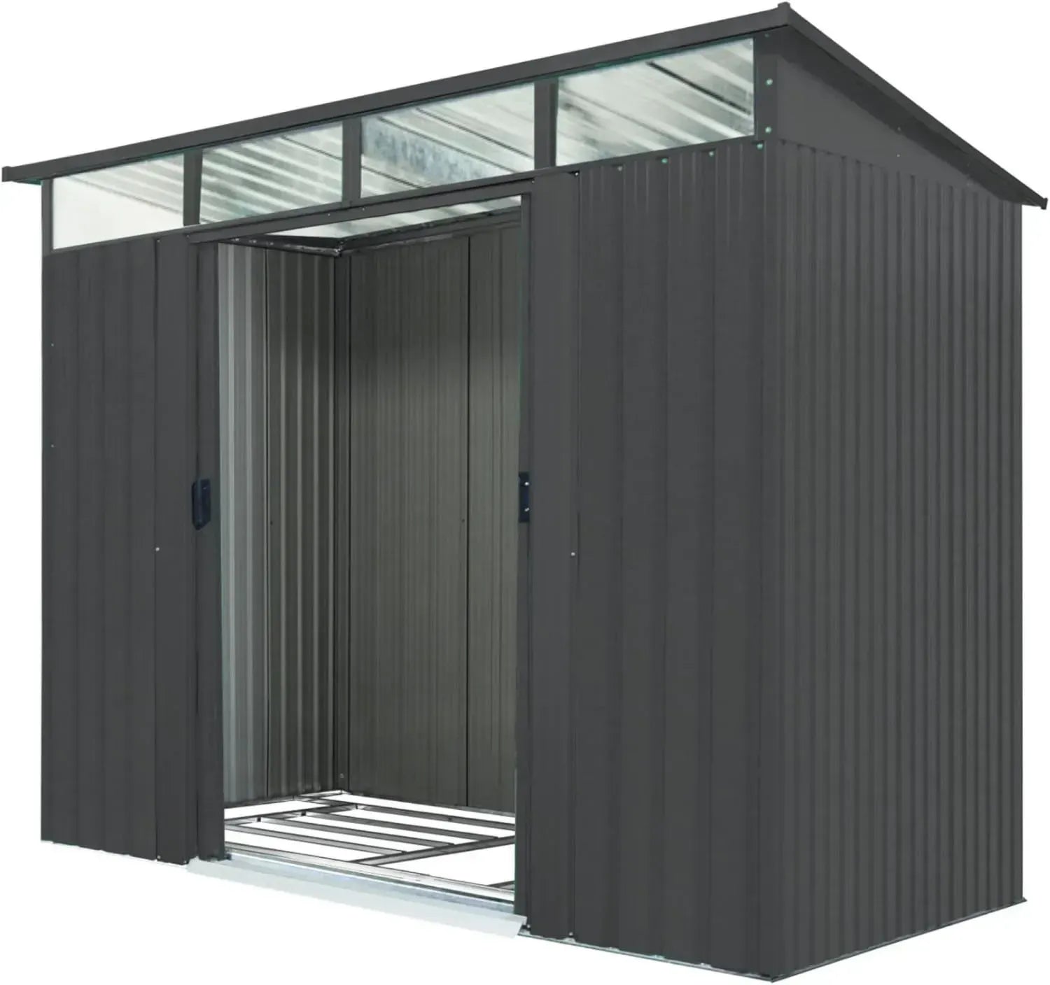 Metallgerätehaus Lübeck in Holzoptik, Anthrazit-Grün, 4,05 m², mit Lichtband und Pultdach, aus verzinktem Stahl, inklusive abschließbarer Schiebetüren, wetterfest und stabil