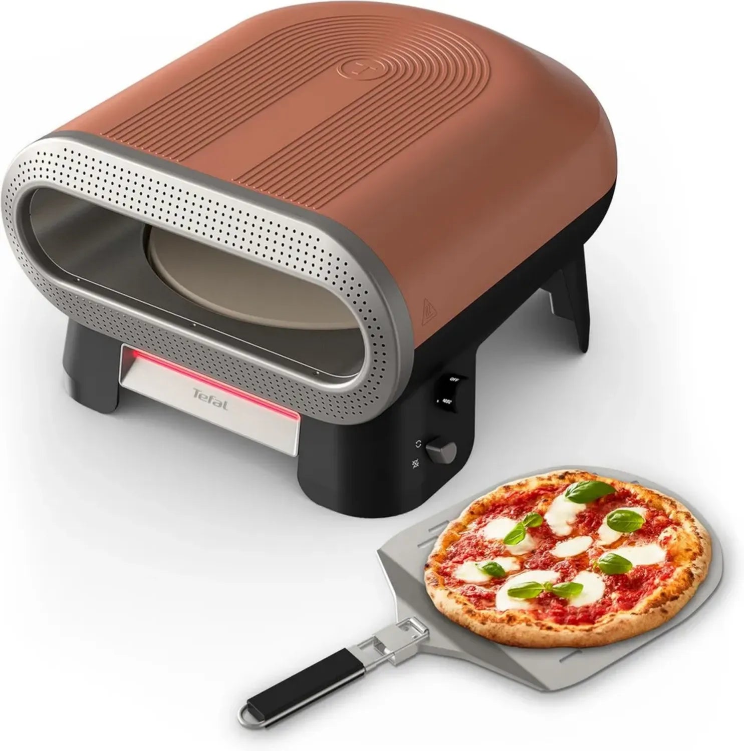 Tefal Elektrischer Pizzaofen für außen, Hochwertige Pizzazubereitung, 4 Heizstufen bis 400°C, Doppelte Heizzone, Rotierender Backstein, Zusammenklappbarer Pizzaschieber
