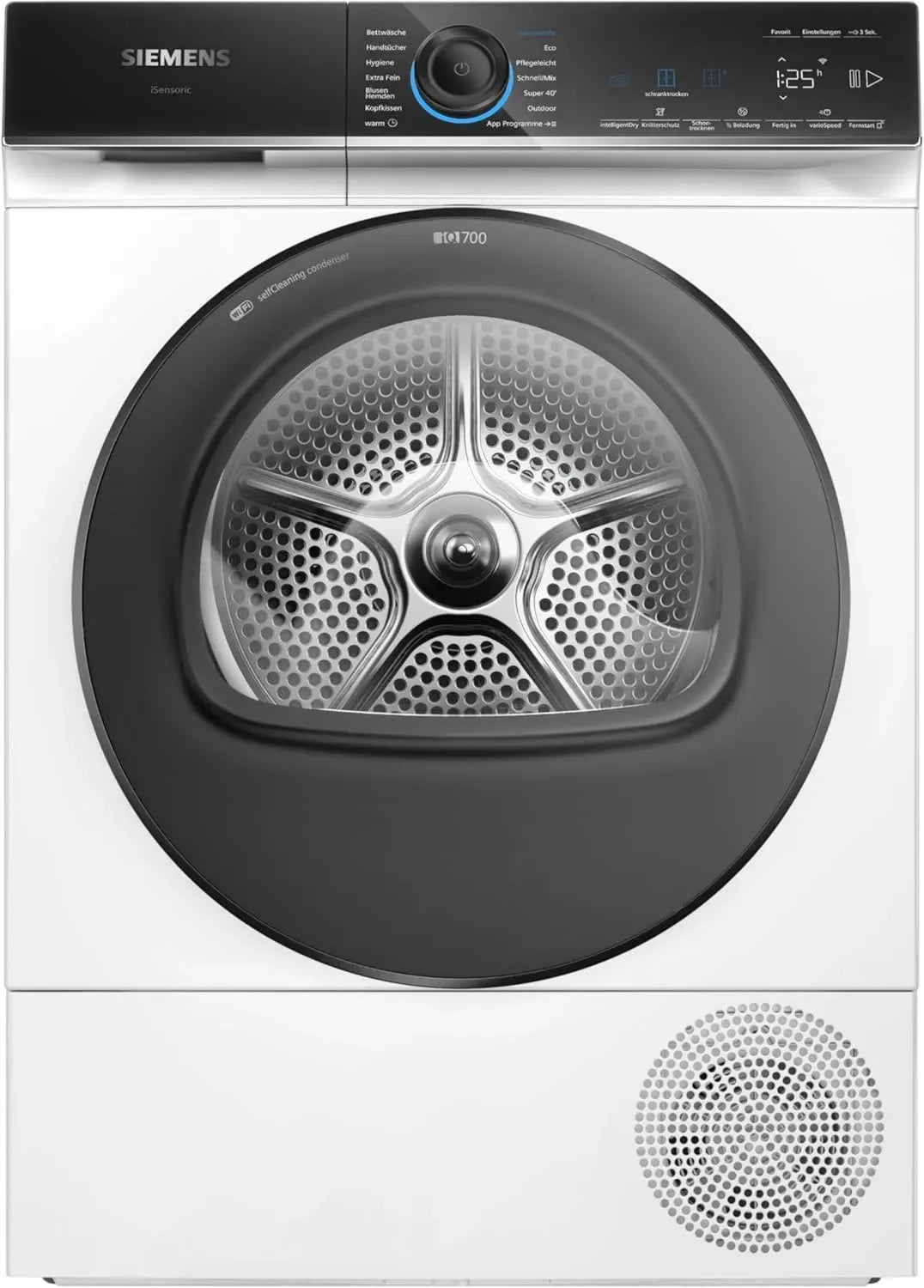 Siemens iQ700 Wärmepumpentrockner 9 kg, Kondensator-Selbstreinigung, sanftes Trocknen, intelligentDry, Home Connect, Anti-Falten, Trommellicht, Weiß