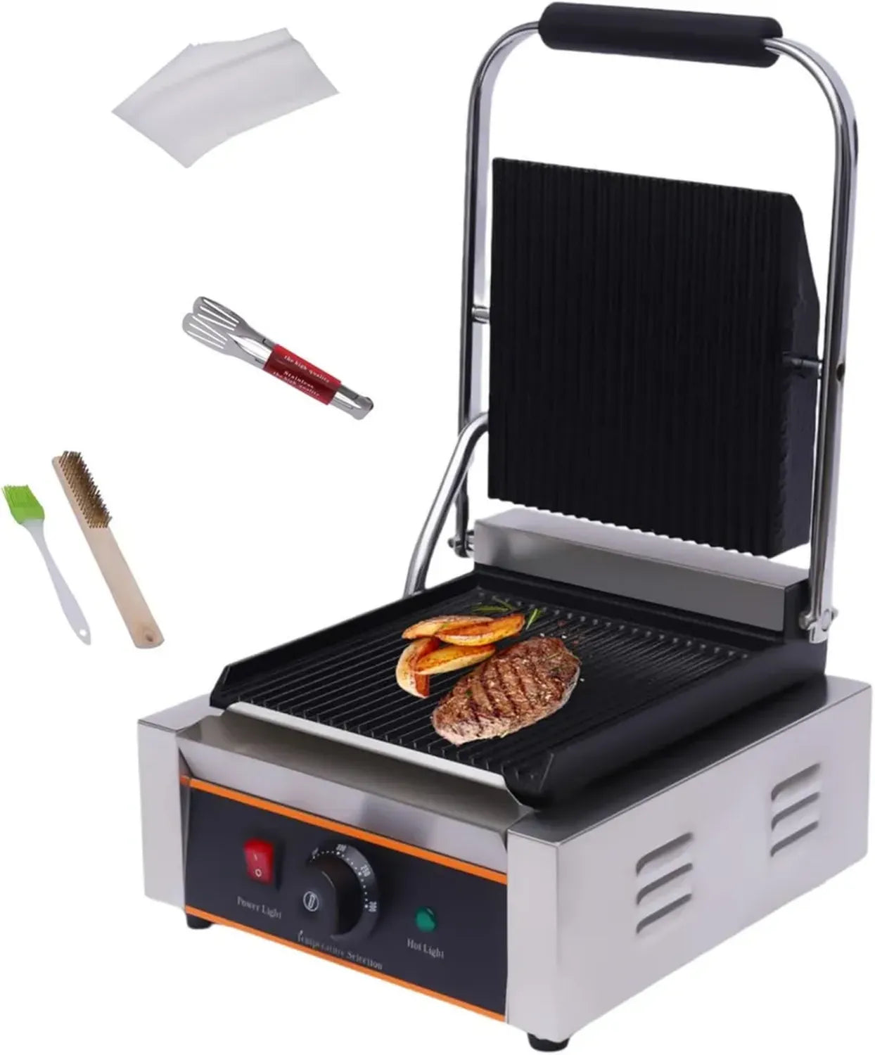 1800W Elektrischer Kontaktgrill mit Temperaturregelung, Edelstahl Profi-Sandwich-Grill