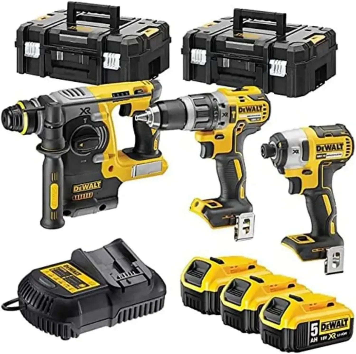 DEWALT 18V XR Bürstenloses Werkzeug-Set, Akku, Bohrschrauber, Kompakter Schlagschrauber, SDS-Plus, 5Ah Li-Ion, 3 Akkus, 2 TSTAK Koffer